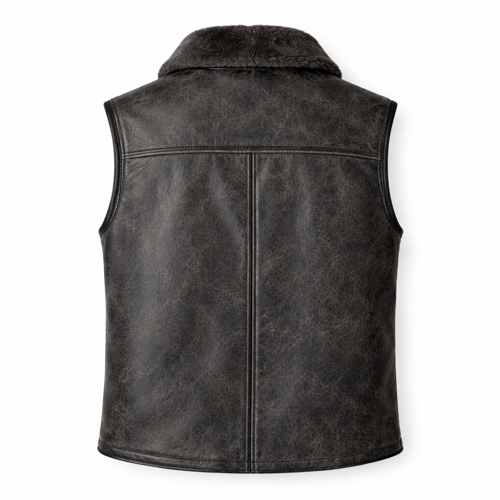 mens black sheepskin leather hooded vest with warm fur shearling interior for winter
