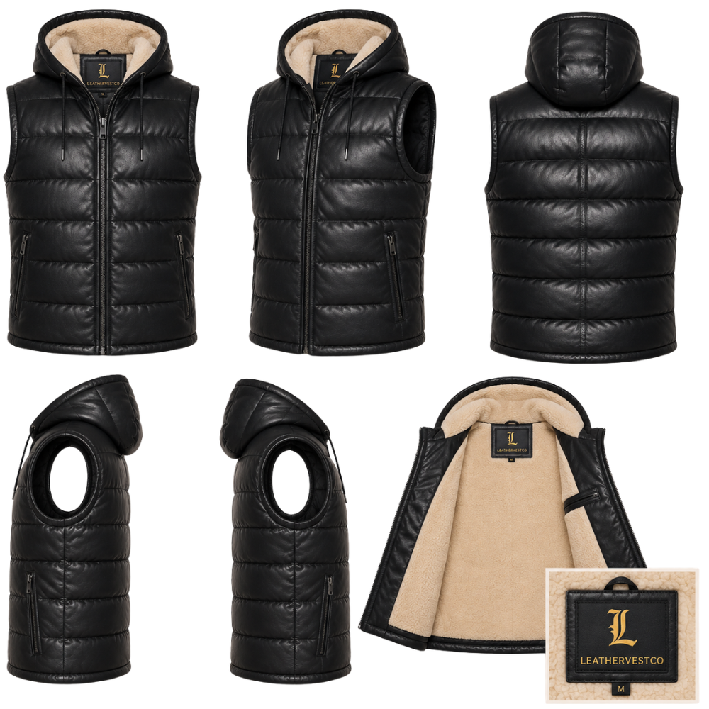 Navy leather zip-up puffer vest with hood