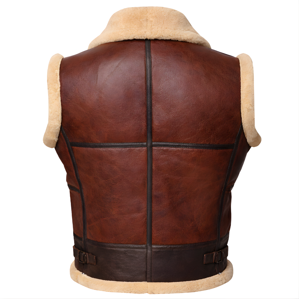 warm brown leather bomber vest shearling lined men