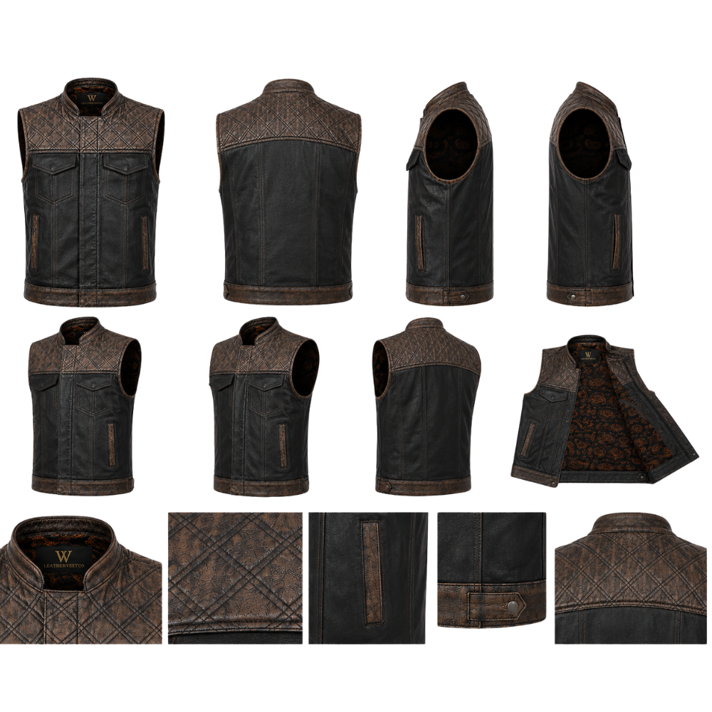 Premium black brown biker leather waistcoat