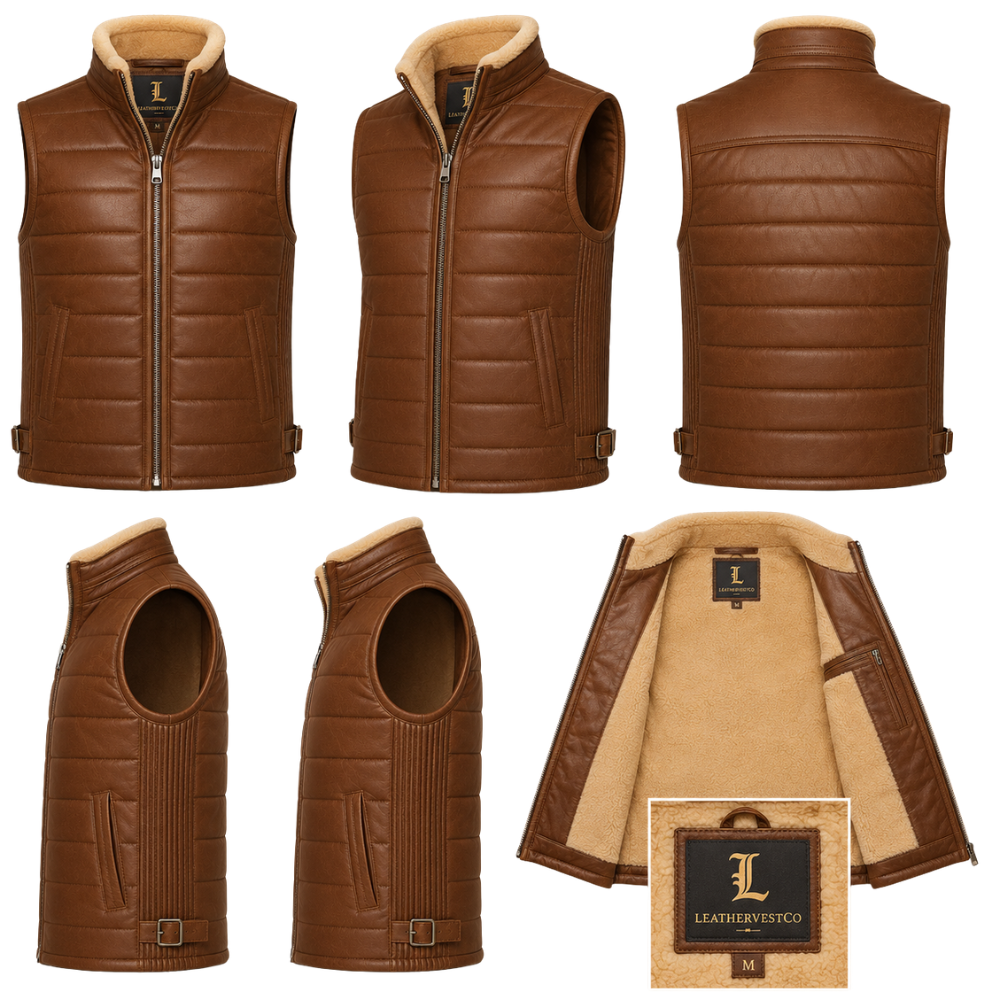 Premium brown leather puffer vest with sherpa lining