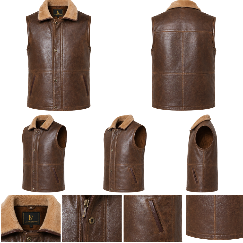 Stylish brown winter leather vest for casual wear