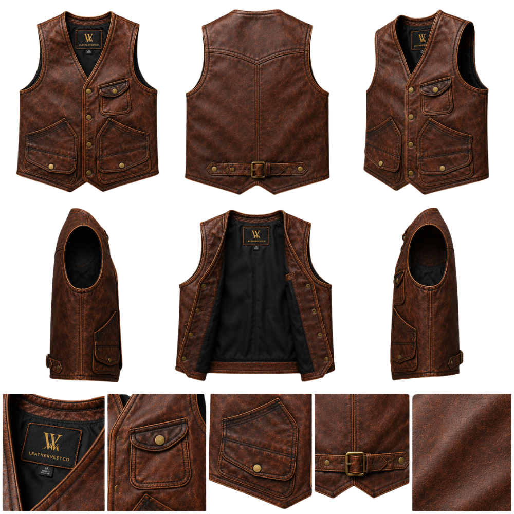 Men’s vintage leather vest with snap buttons