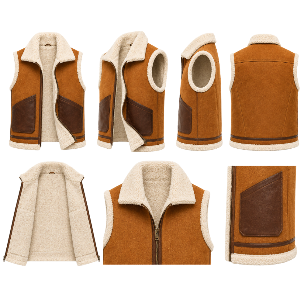 Stylish tan sheepskin leather vest with pockets