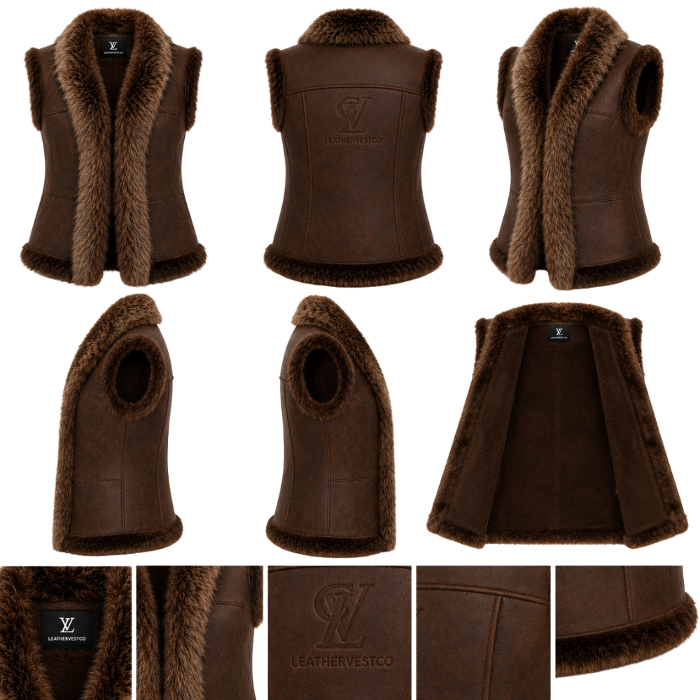 Elegant faux fur leather waistcoat in brown color