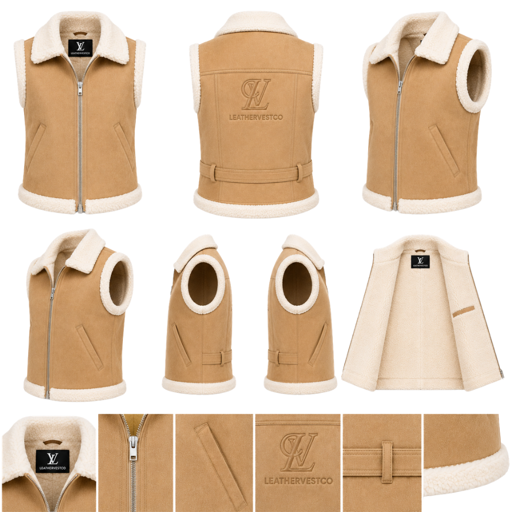 Stylish beige faux fur waistcoat with zipper closure