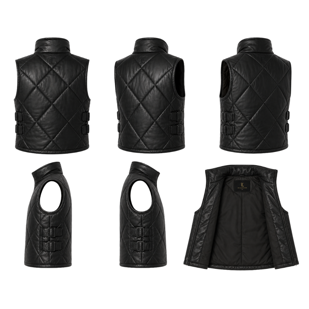 Stylish black puffer vest made from premium leather for women