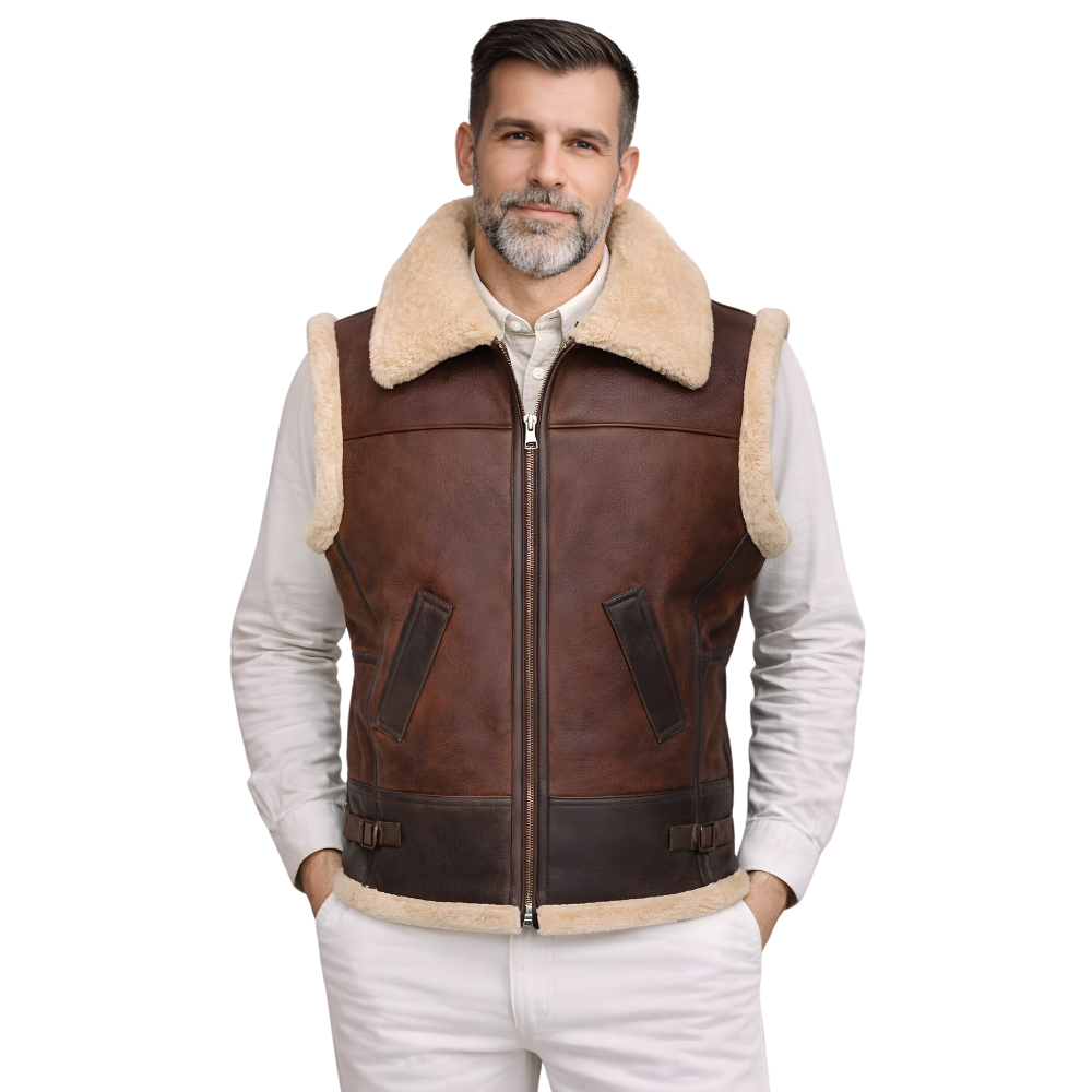 brown shearling leather B3 bomber vest for men