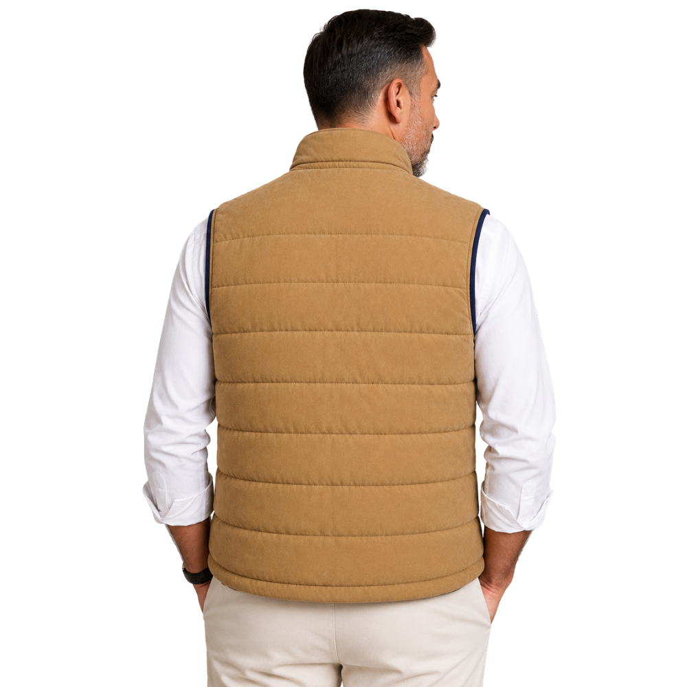 Men’s Tan Suede Puffer Vest – Quilted Zip-Up Sleeveless Winter Jacket