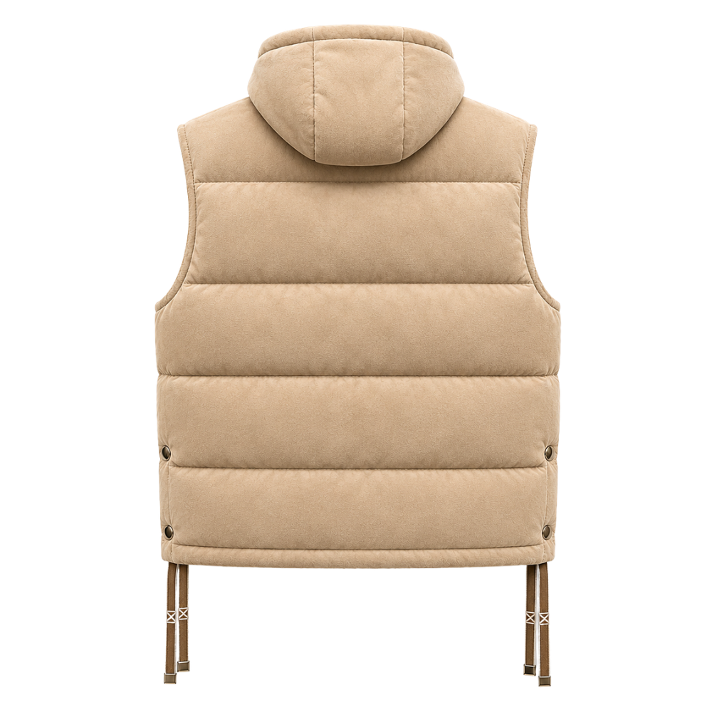 Quilted hooded suede bodywarmer with zip closure