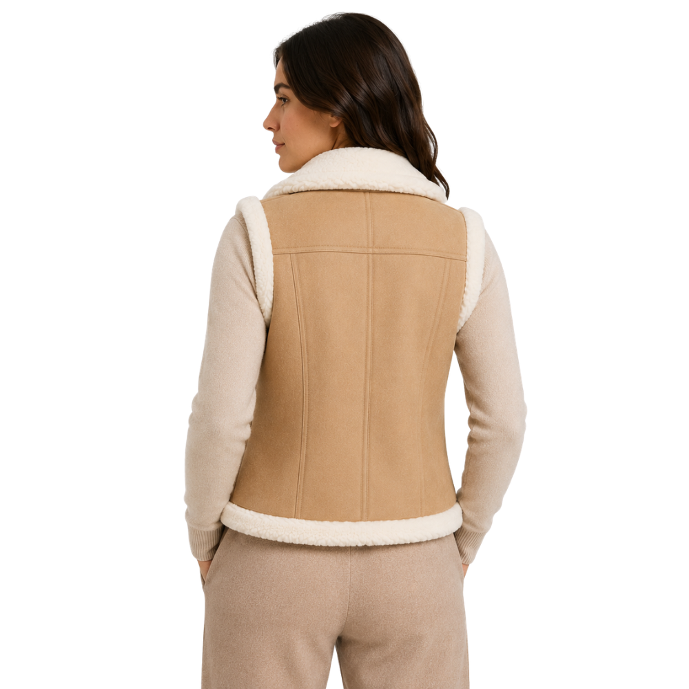 Beige shearling zip-up winter waistcoat for women