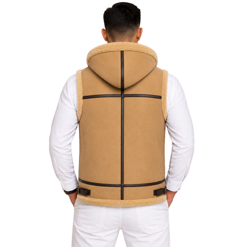 Beige sheepskin fur waistcoat with oversized hood