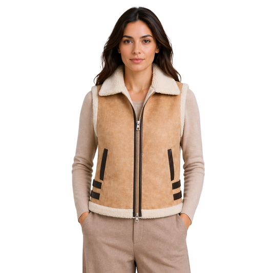 beige sheepskin leather vest with shearling lining for women