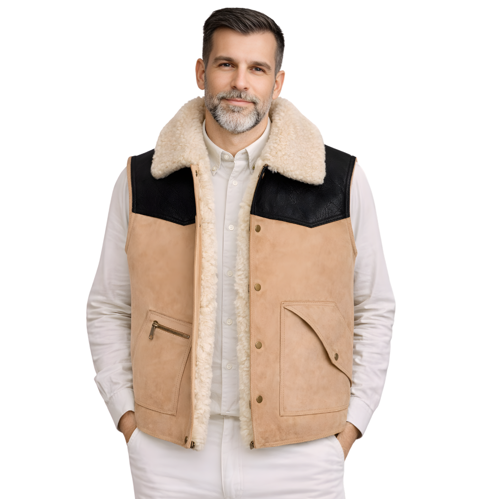 beige sherpa lined suede leather vest for men