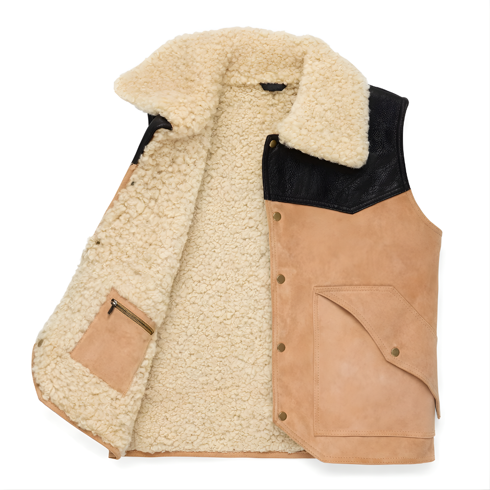 stylish beige suede leather vest sherpa lined men