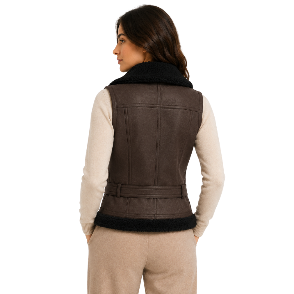 Belted winter faux shearling waistcoat for women