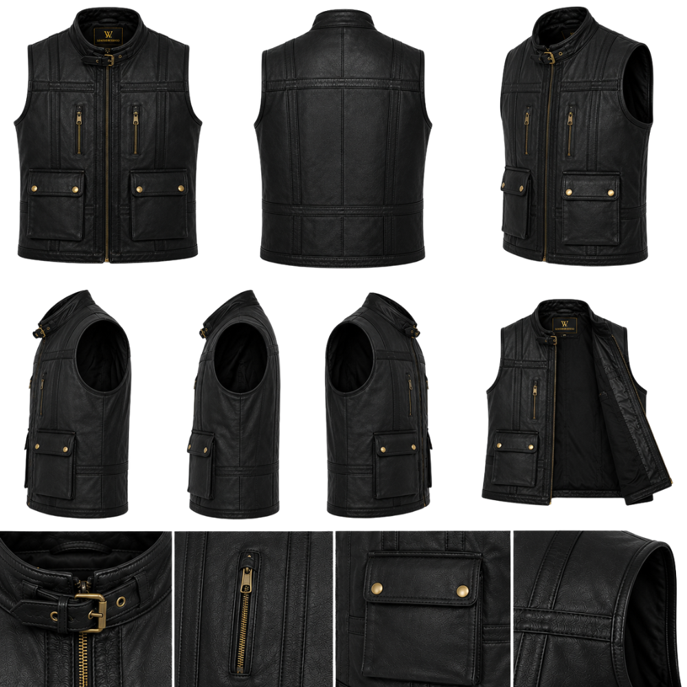 Premium black biker waistcoat with utility pockets