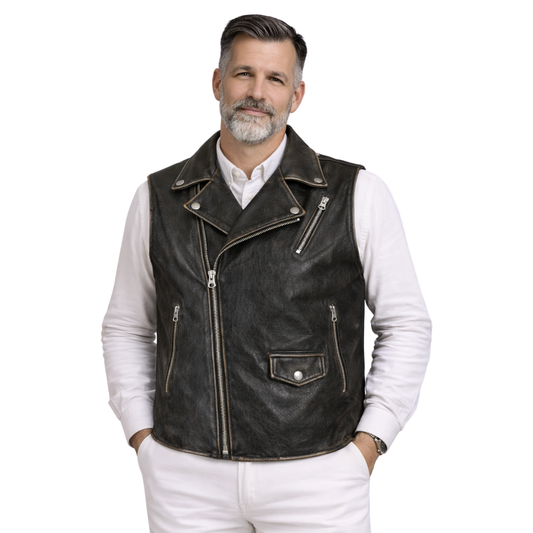 black biker leather vest moto riding style for men