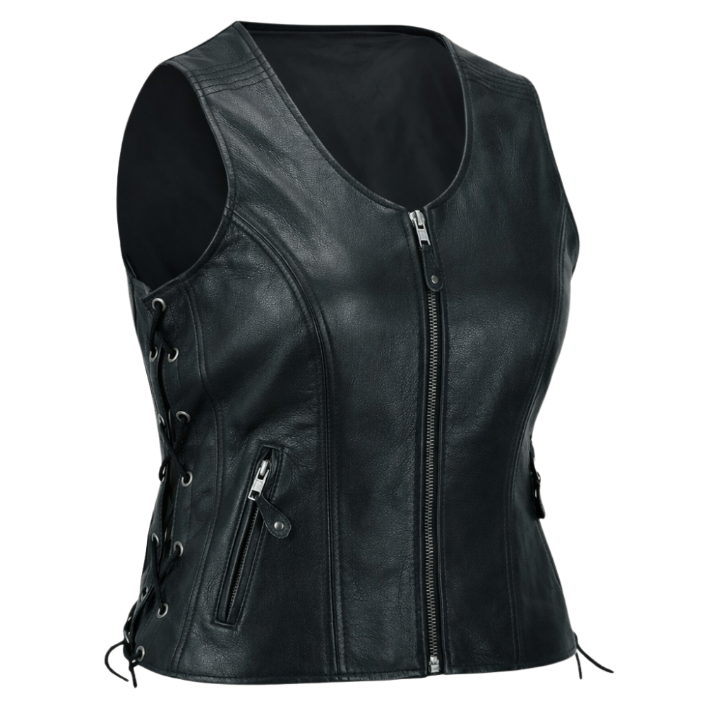 premium black leather vest for women biker outfit