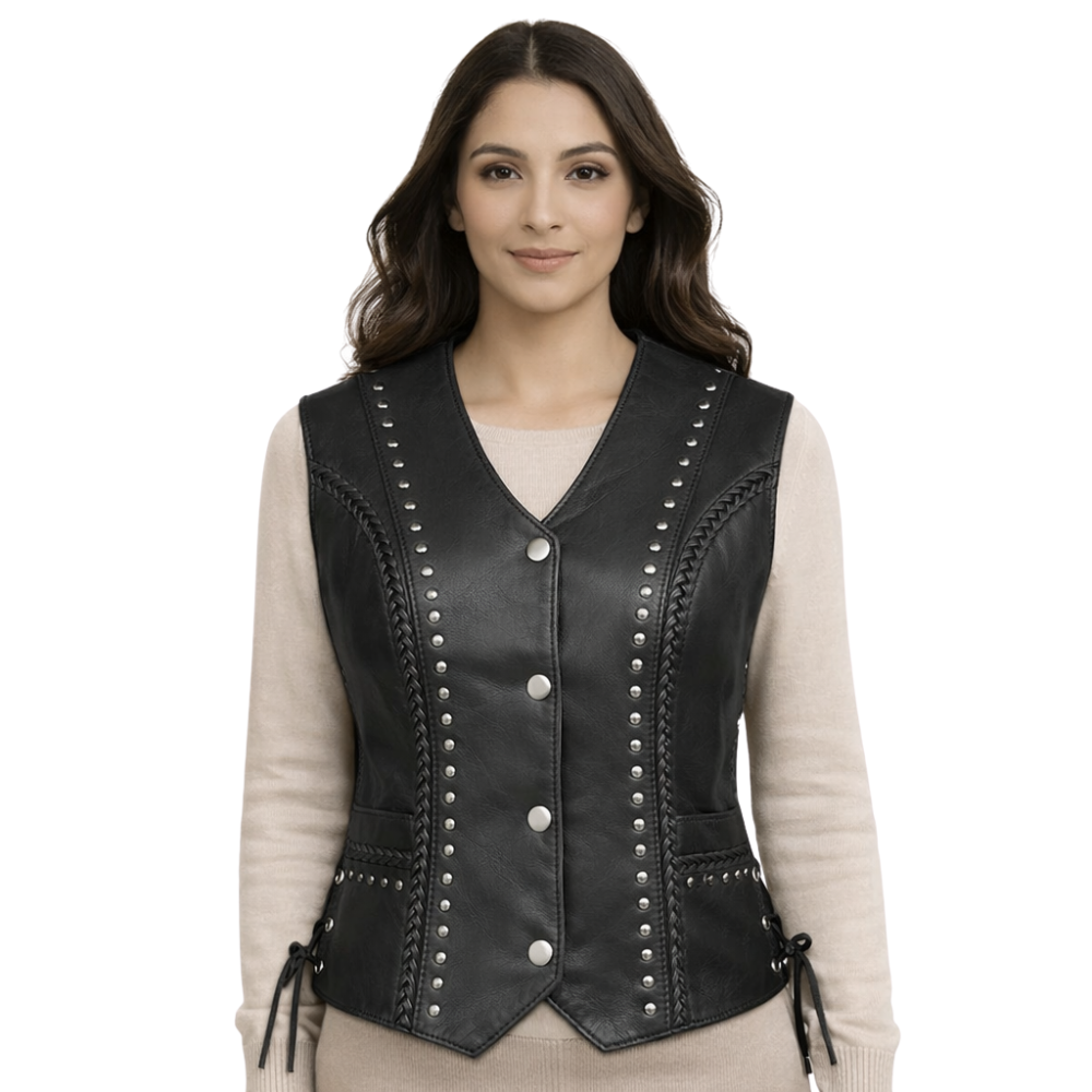 modern womens black leather biker vest with braided details