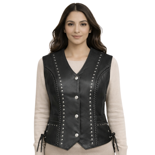 modern womens black leather biker vest with braided details