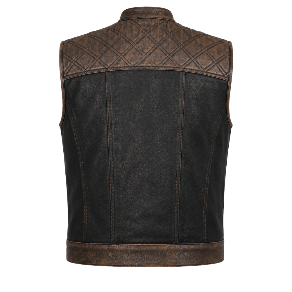 Men’s cafe racer leather vest with quilted shoulders