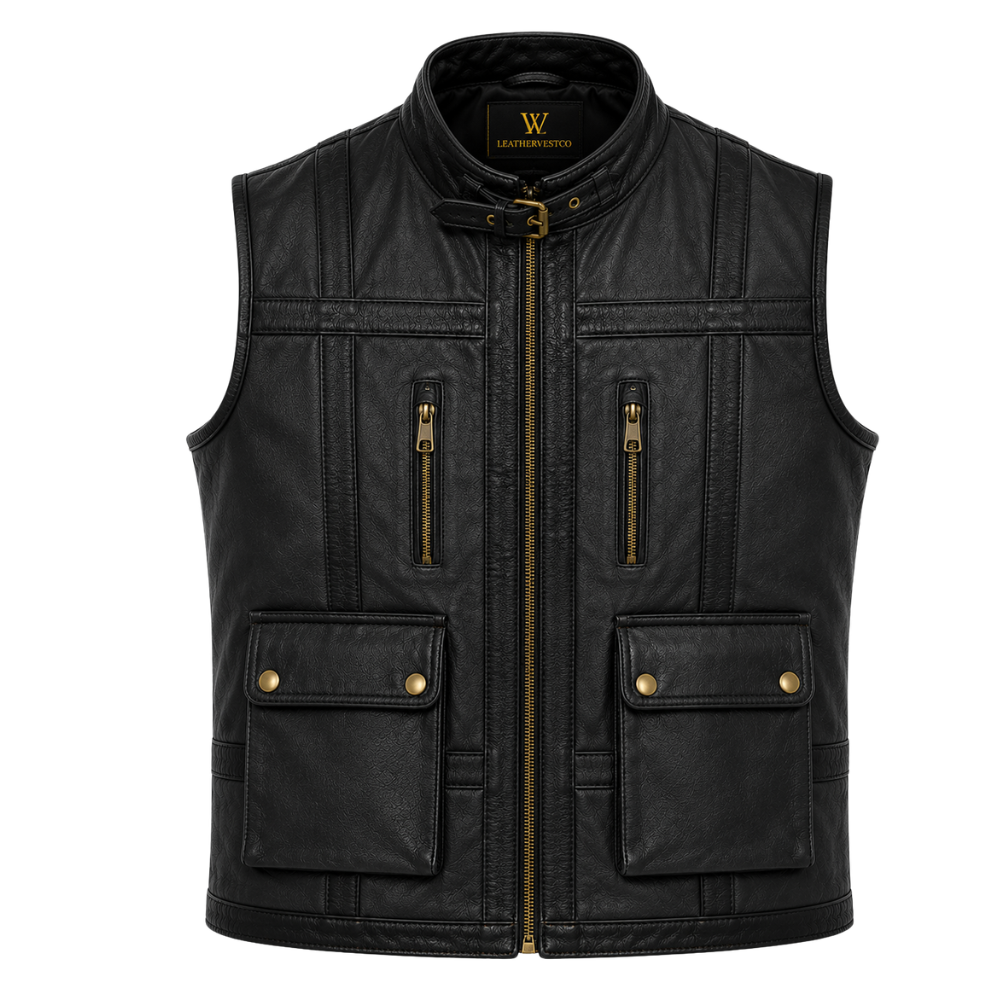 Genuine black leather riding vest with zipper pockets