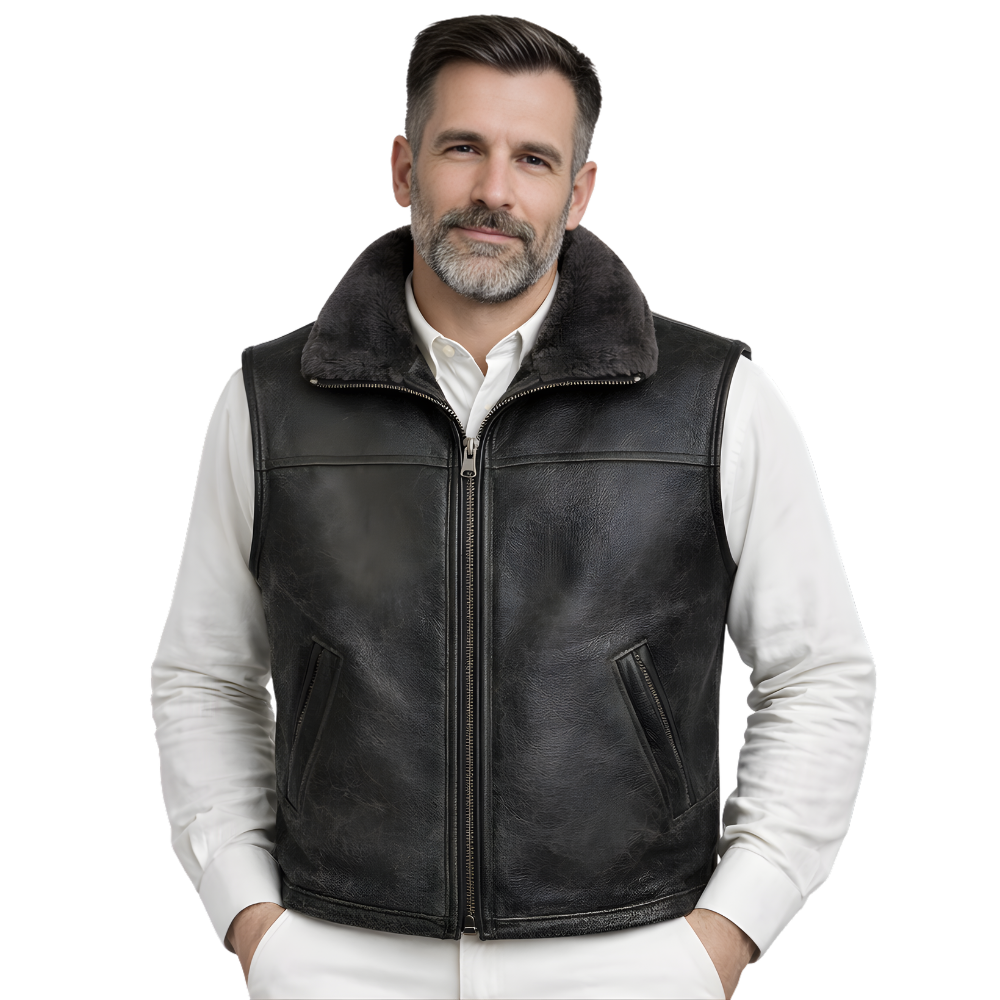 black hooded sheepskin leather vest for men winter warm outerwear
