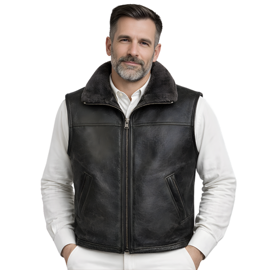 black hooded sheepskin leather vest for men winter warm outerwear
