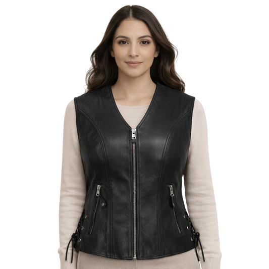 black leather biker vest for women motorcycle style