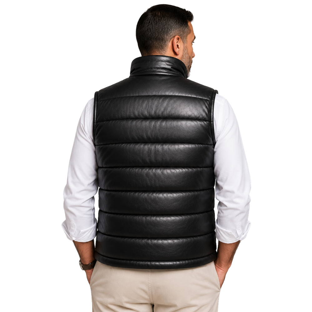 Quilted black leather sleeveless jacket for men