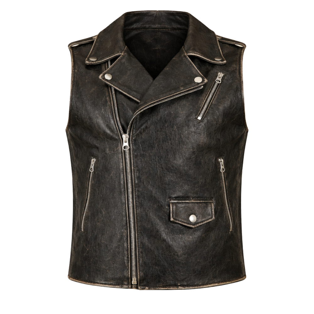 stylish black biker leather vest moto style sleeveless
