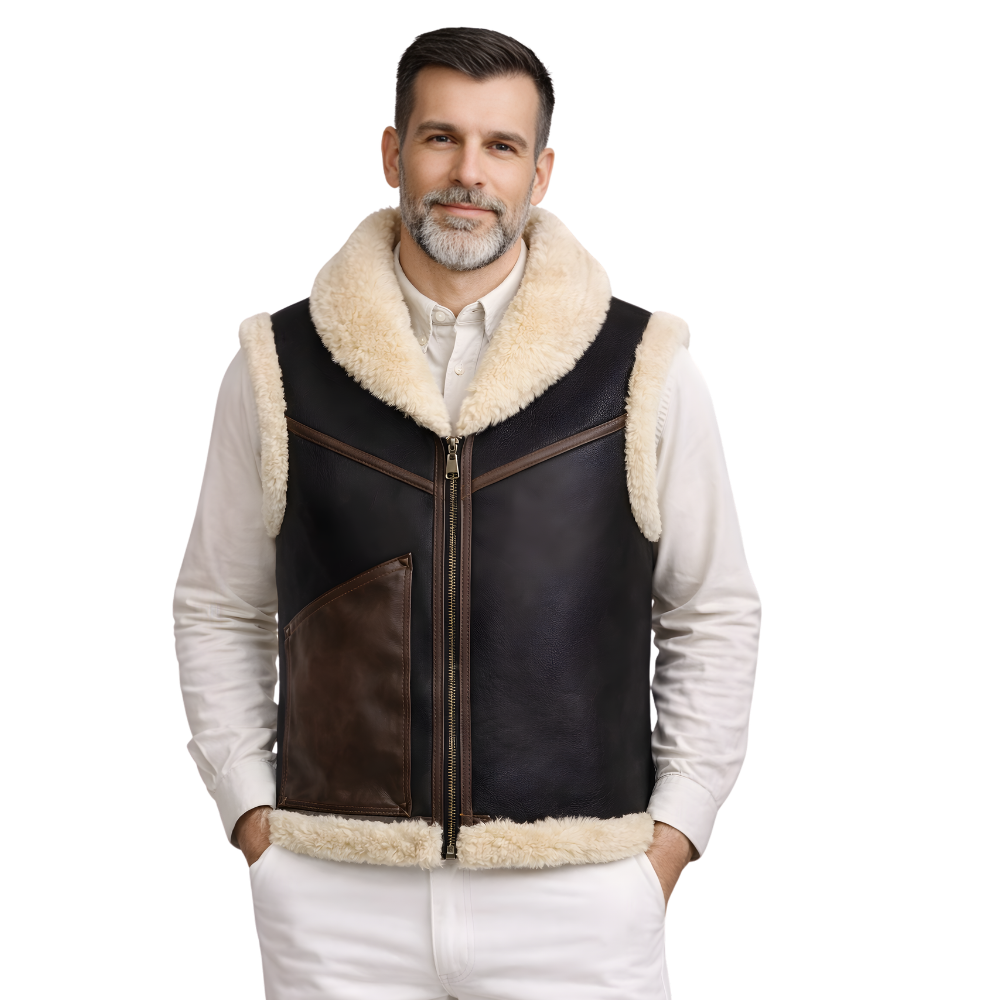 premium mens black sheepskin leather vest with shearling interior stylish look
