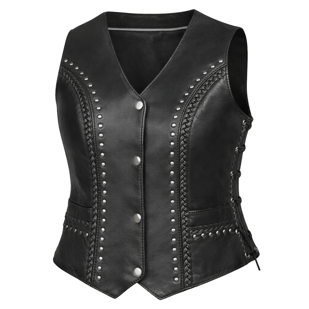 stylish black studded braided biker vest for women