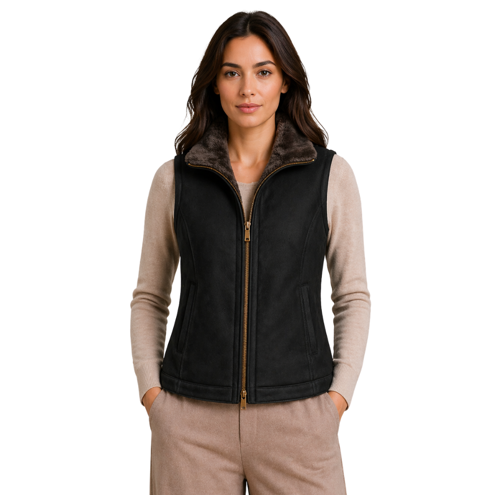 black suede leather gilet vest with shearling lining for women