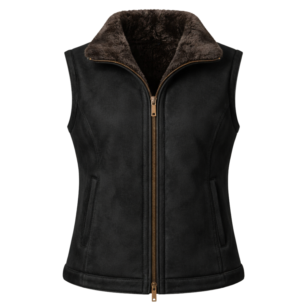 premium black suede leather vest with soft shearling for women