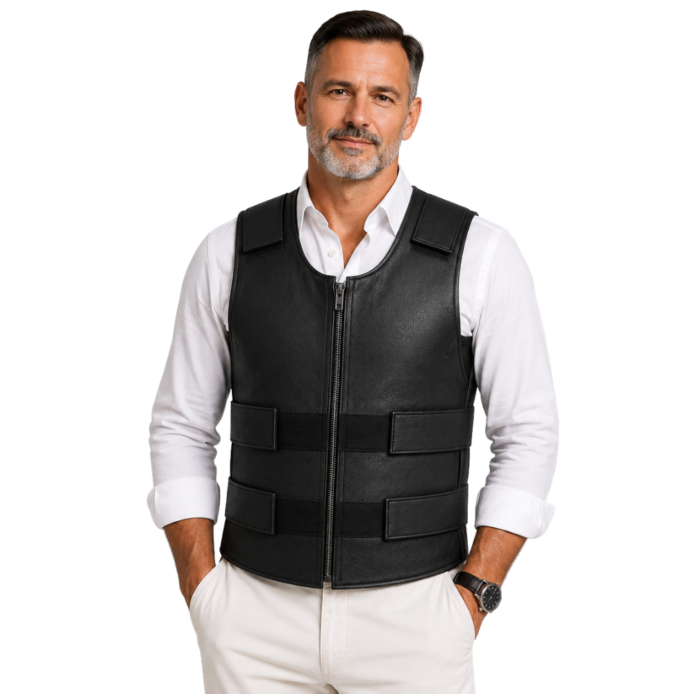 Men’s black tactical leather biker vest with side straps