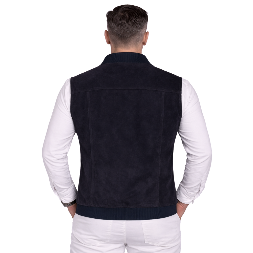 blue suede bomber gilet vest for men stylish outfit