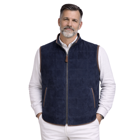 mens blue suede quilted vest riding style