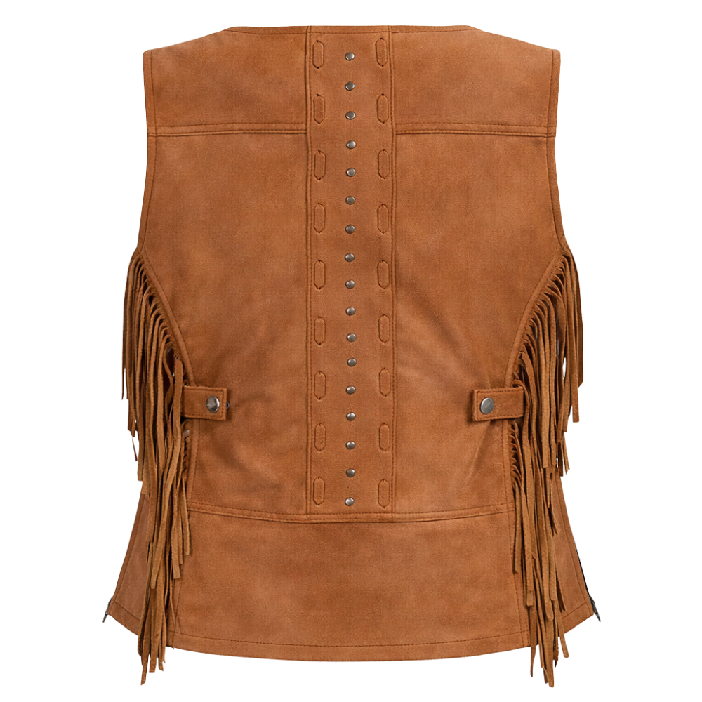 retro 70s brown faux suede fringe vest for women