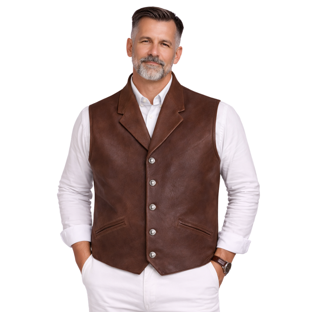 brown cowboy leather vest for men western style