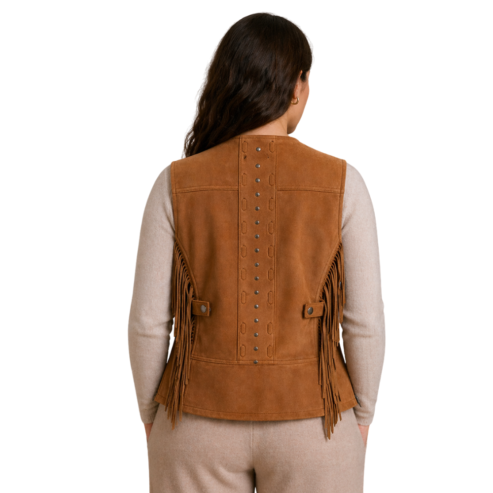 brown faux suede fringe vest for women 70s fashion