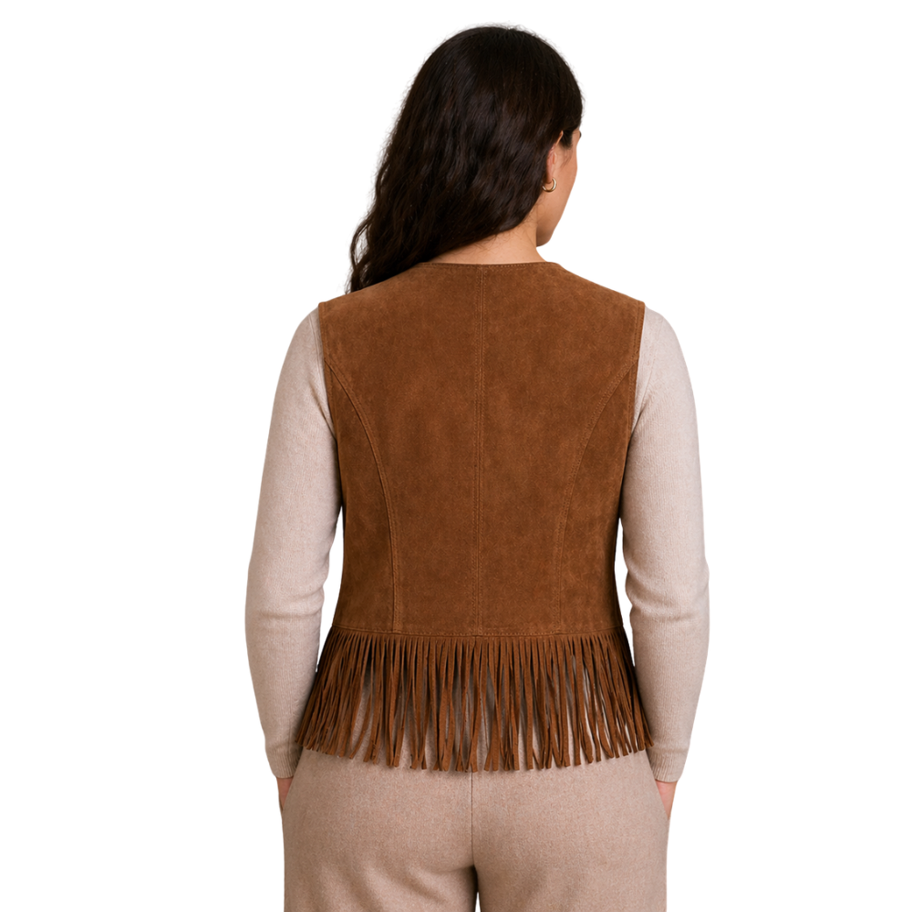 premium brown western fringe leather vest for women outfit