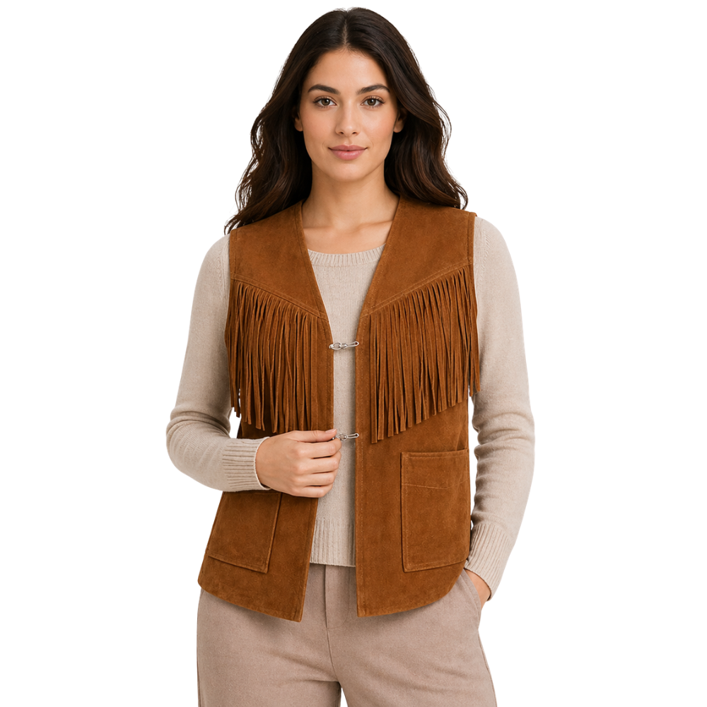 brown suede leather vest with fringe western cowboy style