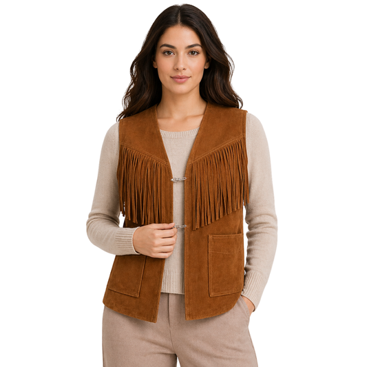 brown suede leather vest with fringe western cowboy style