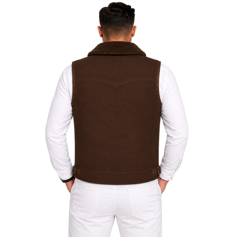 Classic brown leather waistcoat with fur collar