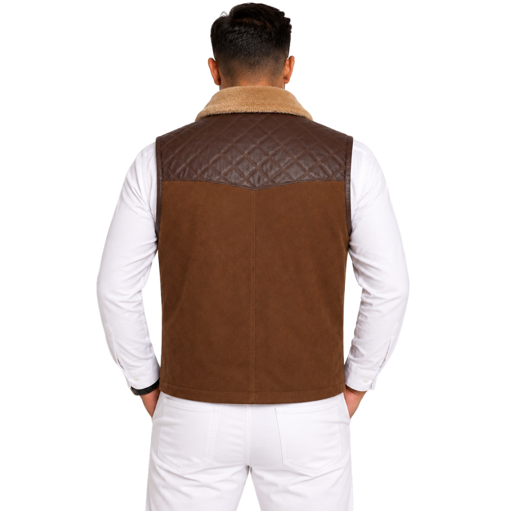 Quilted western leather waistcoat with fur collar