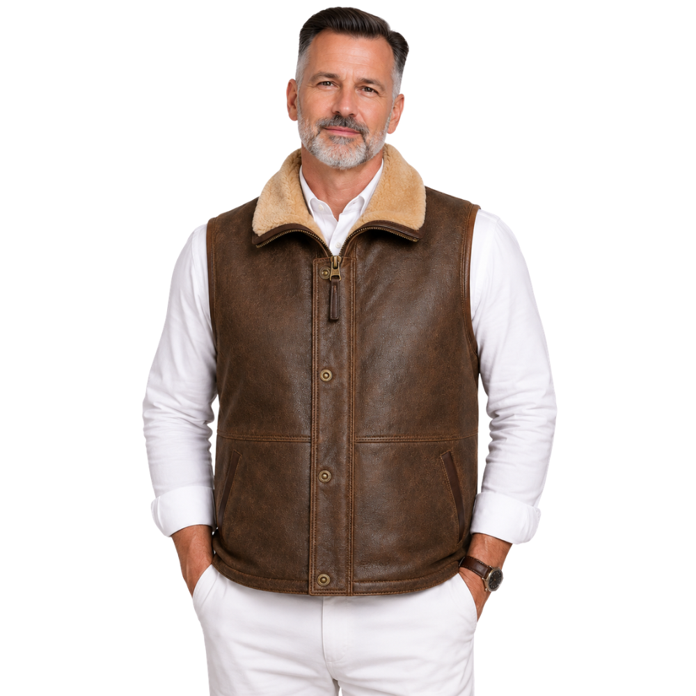 Classic brown leather waistcoat with fur collar