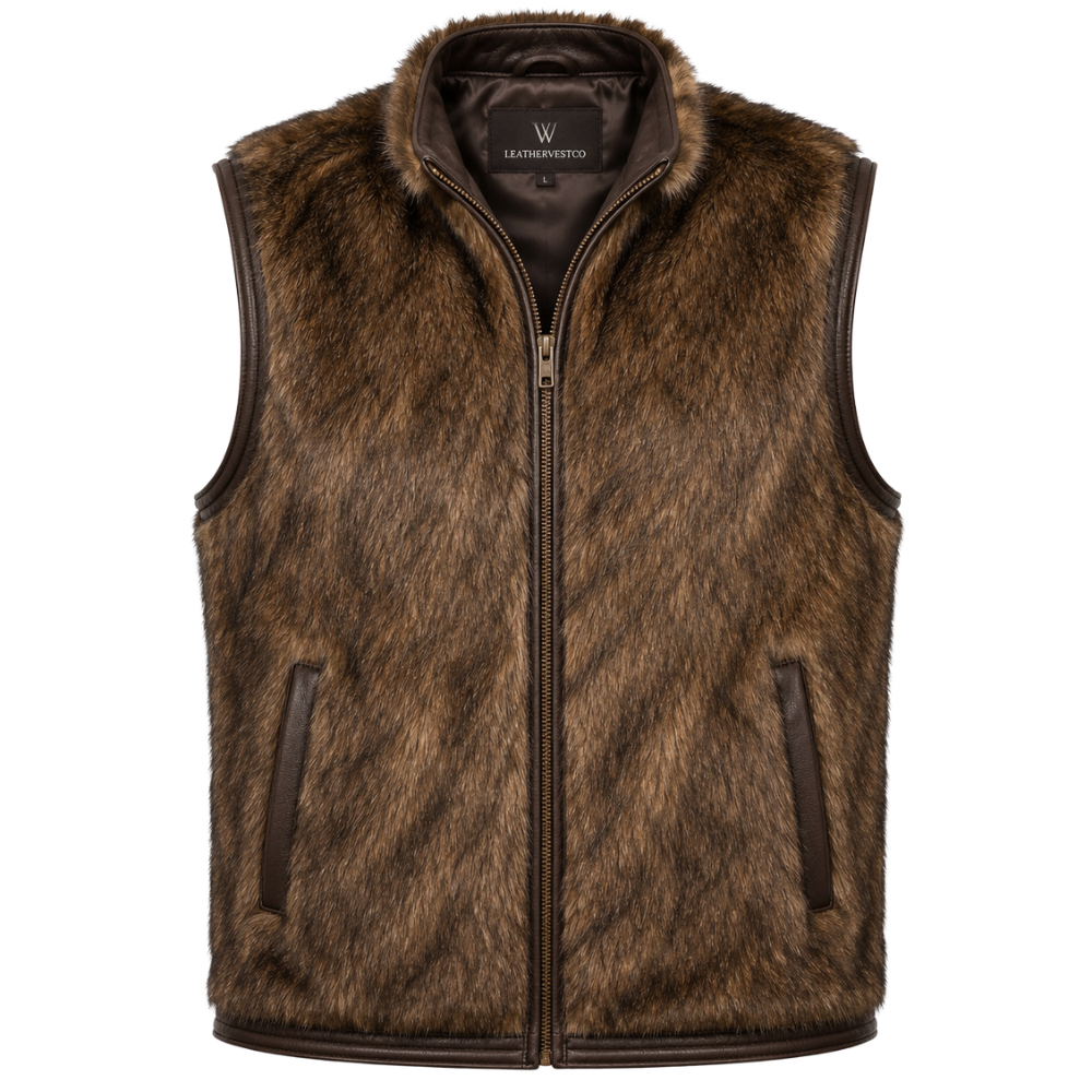 Premium faux fur leather vest in brown color