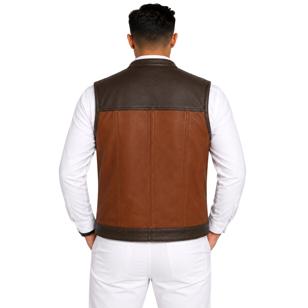 Genuine brown leather riding vest with chest pockets